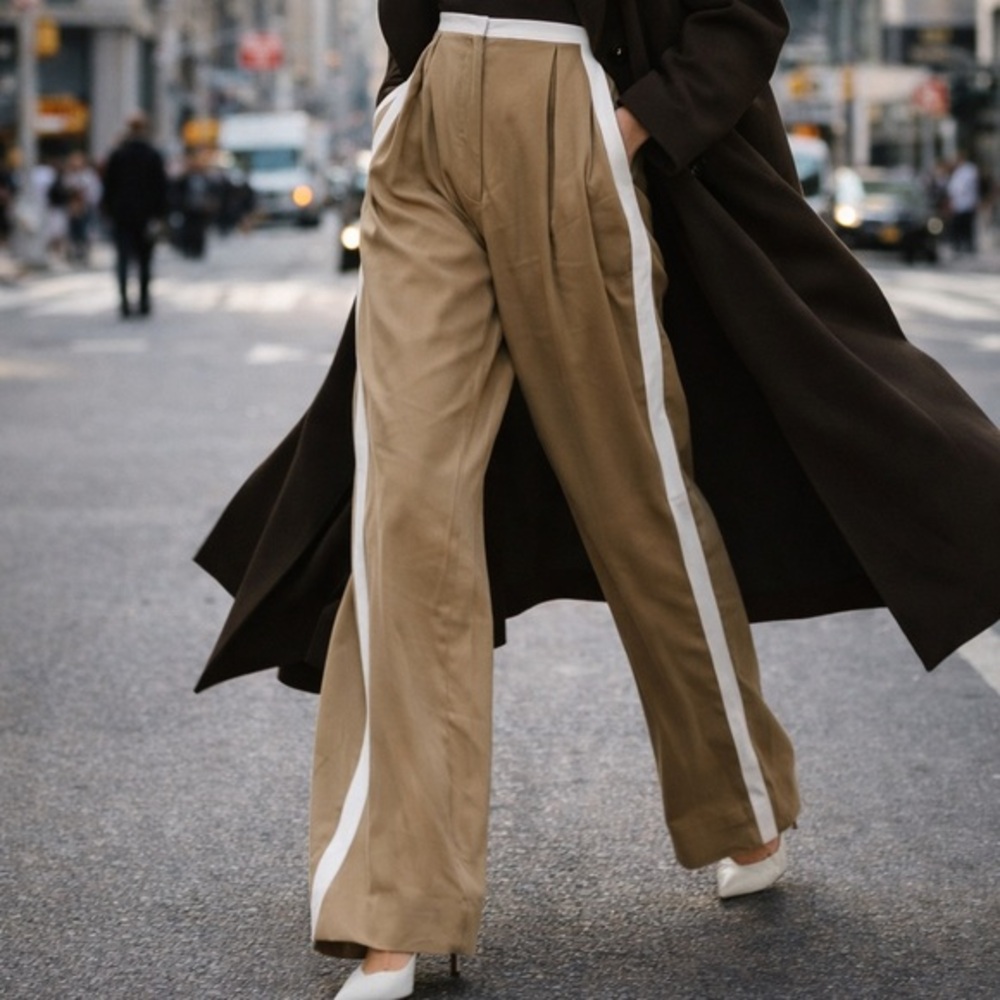 Le smoking tan and white stripe high rise baggy trousers